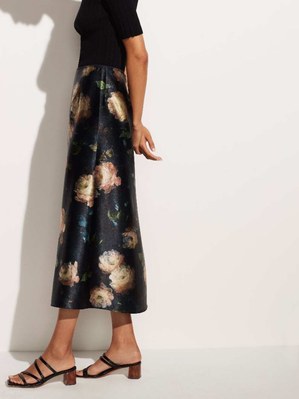 Vince Painted Rose Silk Satin Slip Midi Skirt Floral Black NWT Size 2 10 $295 - Picture 3 of 16